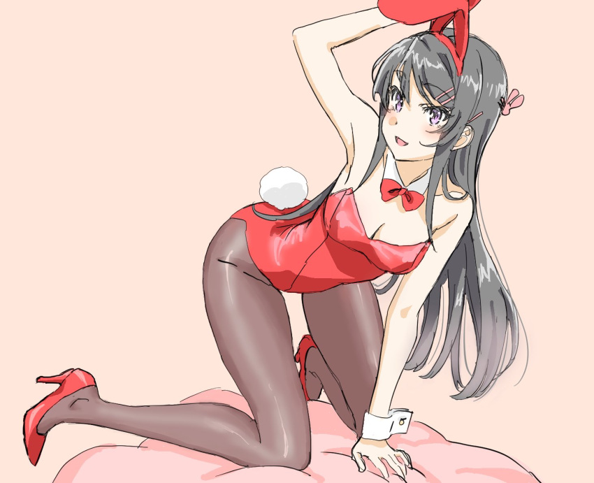 1girl :d animal_ears arm_support black_hair black_legwear bow bowtie breasts bunny_hair_ornament cleavage commentary_request detached_collar fake_animal_ears hair_ornament hairband hairclip high_heels leotard long_hair medium_breasts open_mouth orie pantyhose pink_background playboy_bunny purple_eyes red_bow red_footwear red_leotard sakurajima_mai seishun_buta_yarou simple_background sketch smile solo very_long_hair wrist_cuffs