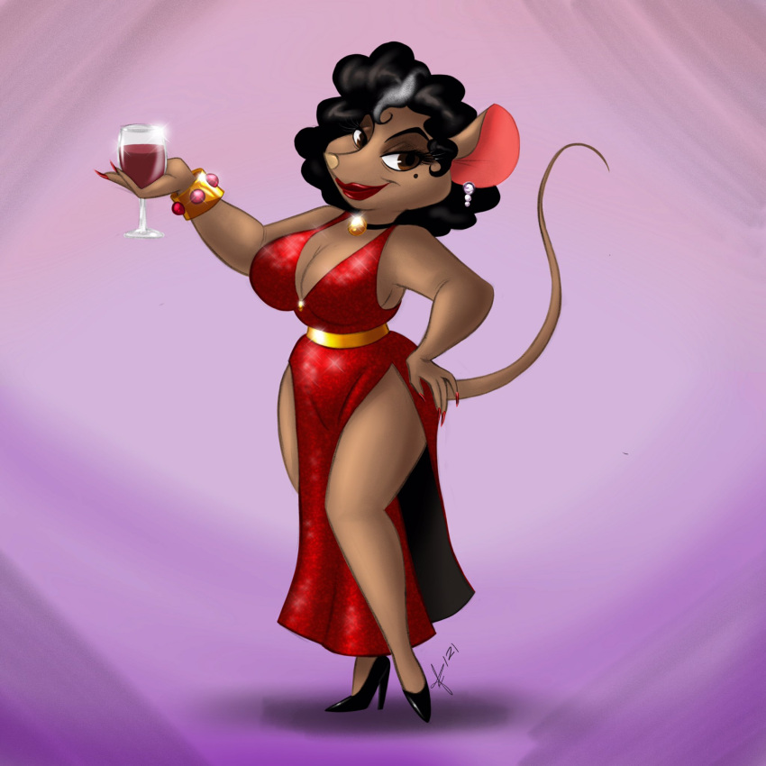 1:1 abstract_background alcohol anthro beaglebabe1 beauty_mark beverage big_breasts bracelet breasts brown_body brown_fur choker cleavage clothed clothing collaboration colored_nails crovirus curled_hair curvy_figure dress ear_piercing ear_ring eulipotyphlan evening_gown eyeshadow female footwear fur hair hand_on_hip hi_res high_heels jewelry lipstick looking_at_viewer makeup mammal margo_(beaglebabe1) mature_female nails necklace piercing shoes shrew slit_dress smile solo voluptuous wide_hips wine wine_glass