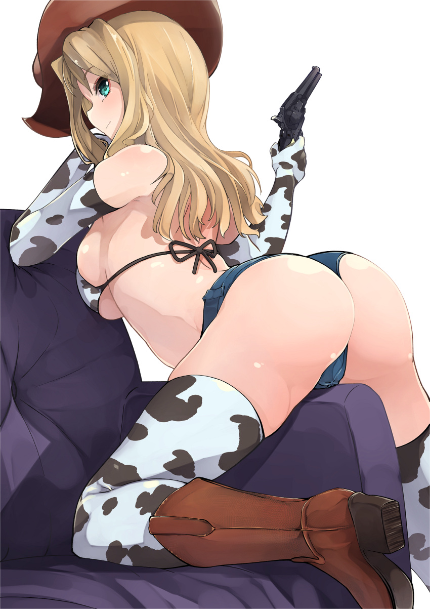 1girl animal_print ass bikini blonde_hair blue_shorts blush boots breasts chinese_zodiac closed_mouth couch cow_print cowboy_hat elbow_gloves girls_und_panzer gloves green_eyes gun handgun hat highres kakimoto_nao kay_(girls_und_panzer) large_breasts looking_back revolver shiny shiny_hair shiny_skin short_shorts shorts simple_background solo swimsuit thighhighs weapon white_background year_of_the_ox