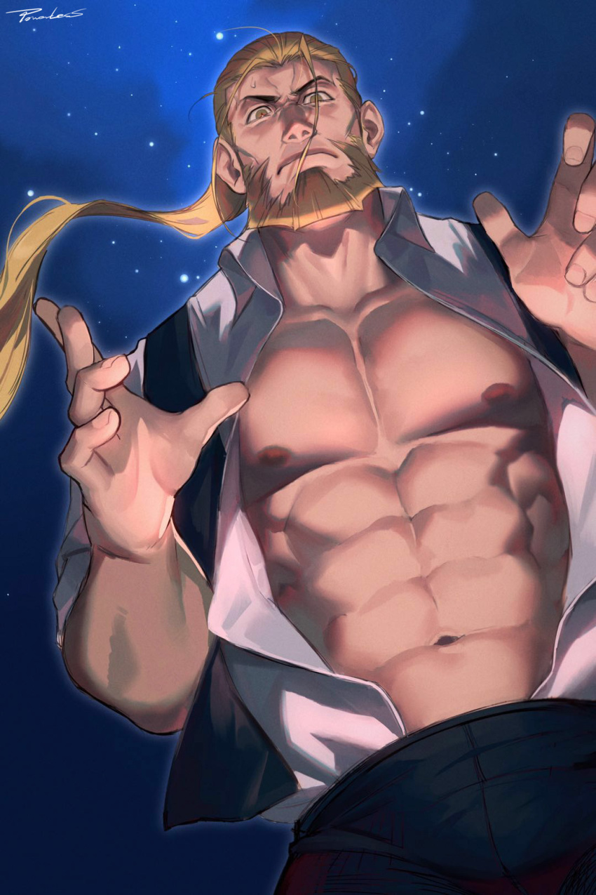 1boy abs bara bare_pecs beard black_pants blonde_hair bulge character_request dutch_angle facial_hair fullmetal_alchemist hair_slicked_back highres long_hair male_focus muscular muscular_male navel night night_sky nipples old old_man open_clothes open_hands open_shirt pants pectorals ponytail powerlesssong shirt short_hair sky solo stomach white_shirt wind