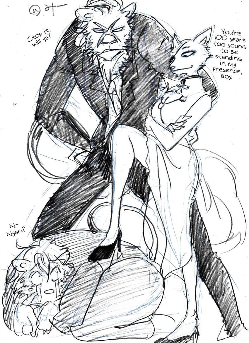 2020 5_fingers agata_(beastars) all_fours anthro asian_clothing beastars black_and_white bodily_fluids breasts canid canine chinese_clothing chinese_dress cleavage clothed clothing crossed_arms crying dialogue dolph_(beastars) domination dress east_asian_clothing english_text eye_patch eyewear facial_scar felid female female_domination fingers foot_on_back footwear fox fur group hi_res high_heels humanoid_hands lion looking_at_another looking_down looking_up male mammal mane mizue monochrome necktie one_eye_obstructed open_mouth pantherine scar scared shoes standing submissive submissive_male suit sweat sweatdrop tears teeth ten_(beastars) text translated whiskers x_scar
