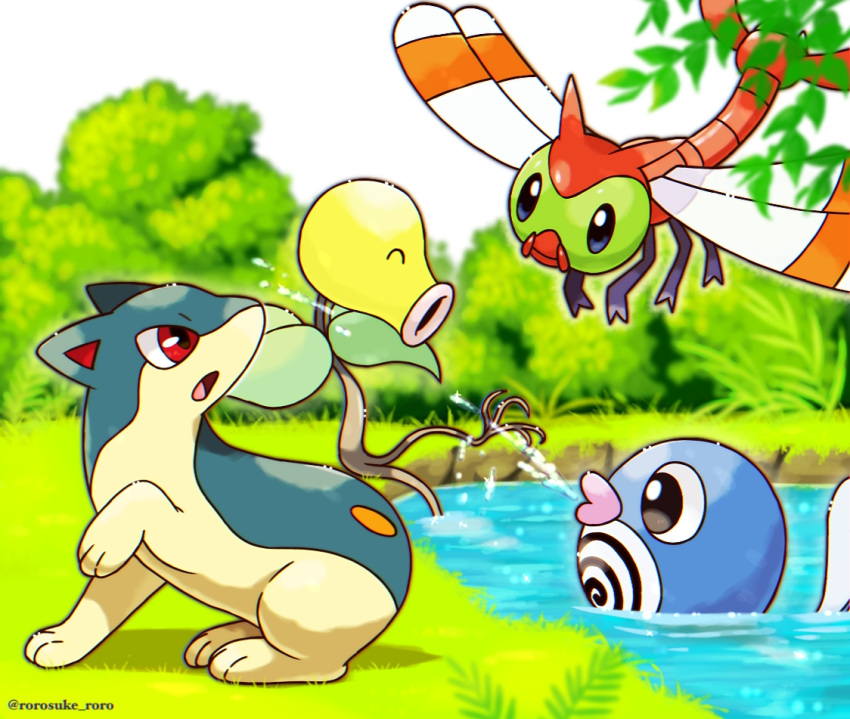 ^_^ artist_name bellsprout black_eyes blue_eyes bug bush chromatic_aberration closed_eyes closed_mouth commentary_request day dragonfly from_side full_body gen_1_pokemon gen_2_pokemon grass happy insect looking_at_another looking_up open_mouth outdoors outline partial_commentary pokemon pokemon_(creature) poliwag profile quilava red_eyes rorosuke sideways_mouth sitting soaking_feet squirting twitter_username water watermark yanma