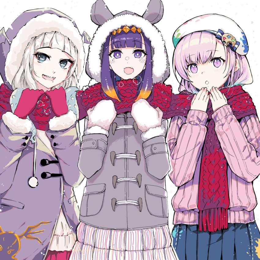 3girls :o airani_iofifteen airani_iofifteen_(artist) bangs beige_sweater beret blue_hair blue_skirt blunt_bangs blush bright_pupils collaboration fang fur_trim gradient_hair grey_hair grey_jacket hat highres hololive hololive_english hololive_indonesia hood hood_up indie_virtual_youtuber jacket mole mole_under_eye mole_under_mouth multicolored_hair multiple_girls ninomae_ina'nis ninomae_ina'nis_(artist) open_mouth pink_hair pink_sweater pleated_skirt pochi_(pochi-goya) pochimaru_(vtuber) purple_hair red_scarf red_skirt scarf shared_scarf sharp_teeth skin_fang skirt striped striped_skirt sweater teeth tentacle_hair virtual_youtuber white_background white_headwear white_pupils