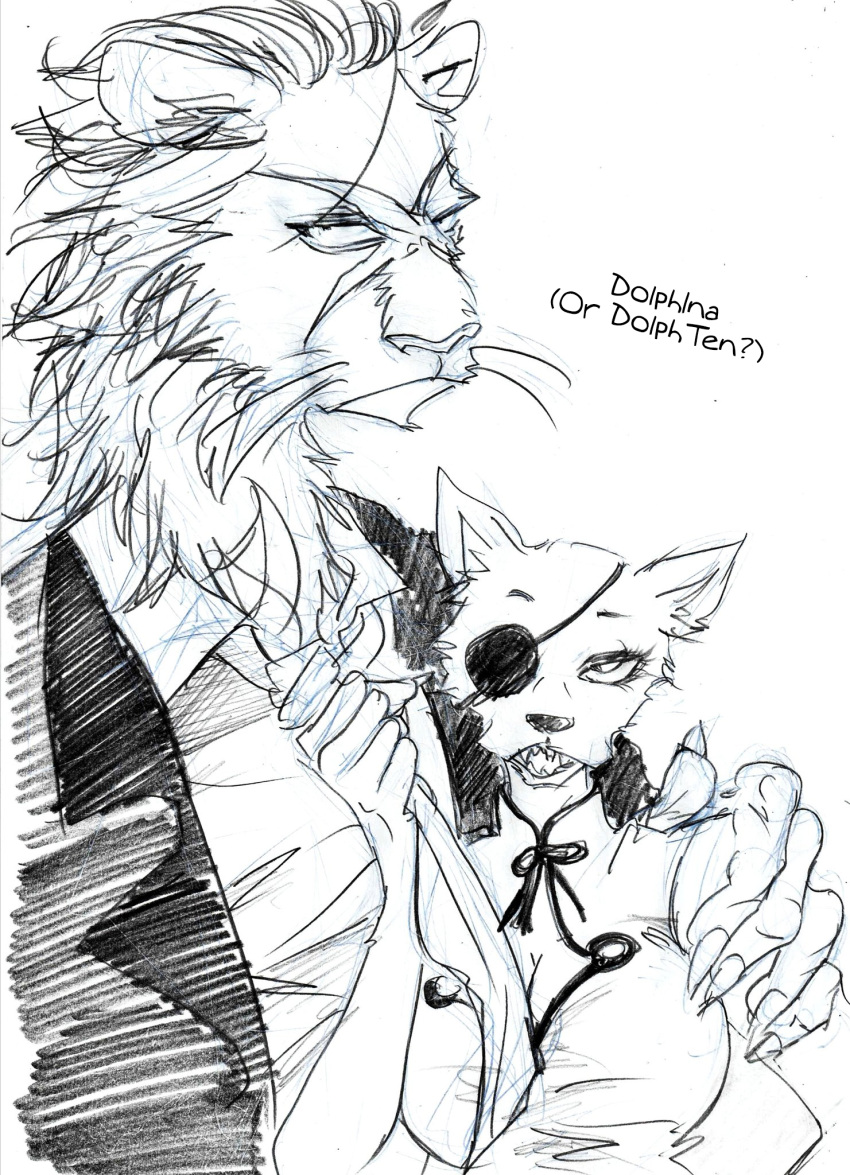 2020 5_fingers alternate_version_at_source anthro asian_clothing beastars black_and_white breasts canid canine chinese_clothing chinese_dress claws cleavage clothed clothing dolph_(beastars) dress duo east_asian_clothing english_text eye_patch eyewear facial_scar felid female finger_claws fingers fox fur hand_on_shoulder hi_res holding_necktie humanoid_hands lion looking_at_viewer male male/female mammal mane mizue monochrome necktie one_eye_obstructed open_mouth pantherine scar suit teeth ten_(beastars) text translated whiskers x_scar