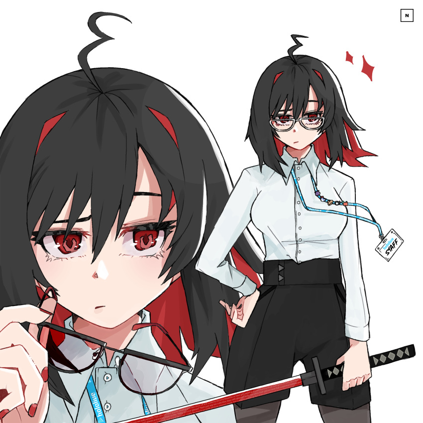 1girl absurdres ahoge black-framed_eyewear black_hair black_legwear breasts closed_mouth collared_shirt enma-chan glasses hand_on_hip highres holding holding_sword holding_weapon hololive hololive_english katana lanyard large_breasts long_sleeves looking_at_viewer nicosarea pantyhose red_eyes red_hair red_nails shirt short_hair skort solo sword weapon white_shirt