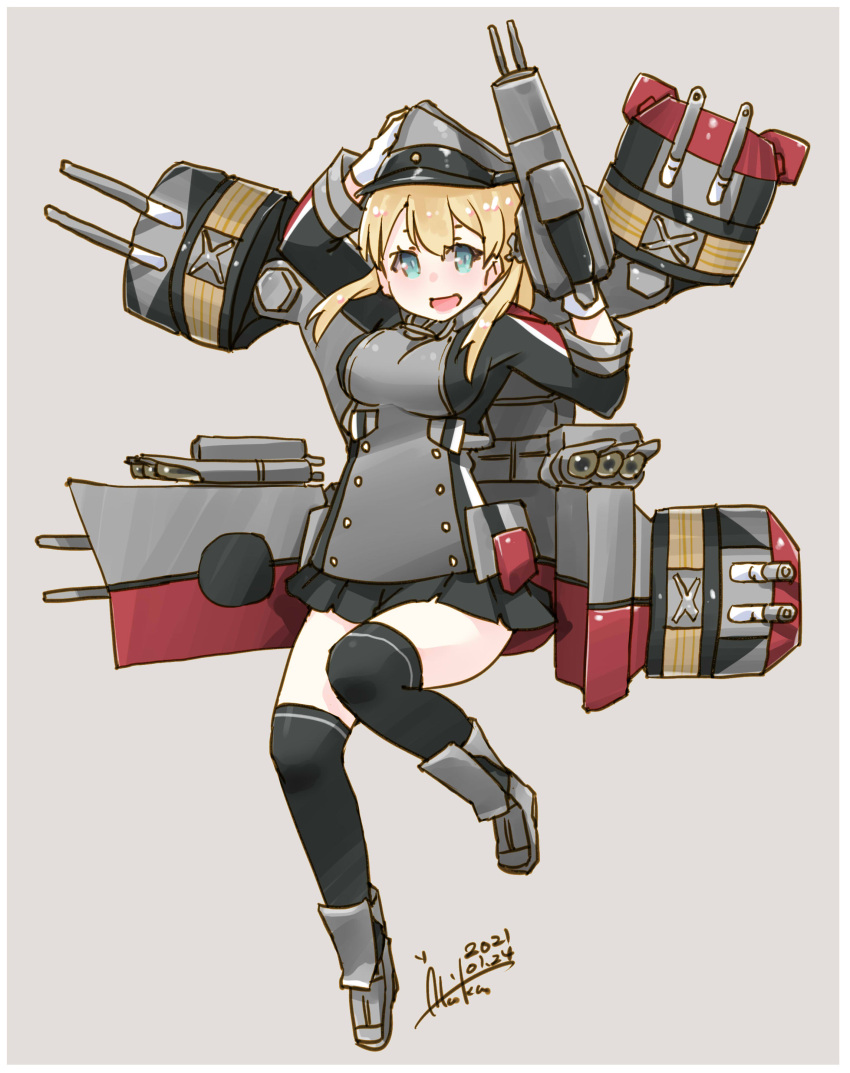 1girl absurdres adapted_turret anchor_hair_ornament aqua_eyes black_legwear black_skirt blonde_hair cannon commentary_request dated full_body gloves grey_background hair_ornament hat highres inica kantai_collection long_hair low_twintails machinery microskirt military military_hat military_uniform peaked_cap pleated_skirt prinz_eugen_(kantai_collection) signature simple_background skirt solo thighhighs turret twintails uniform white_gloves