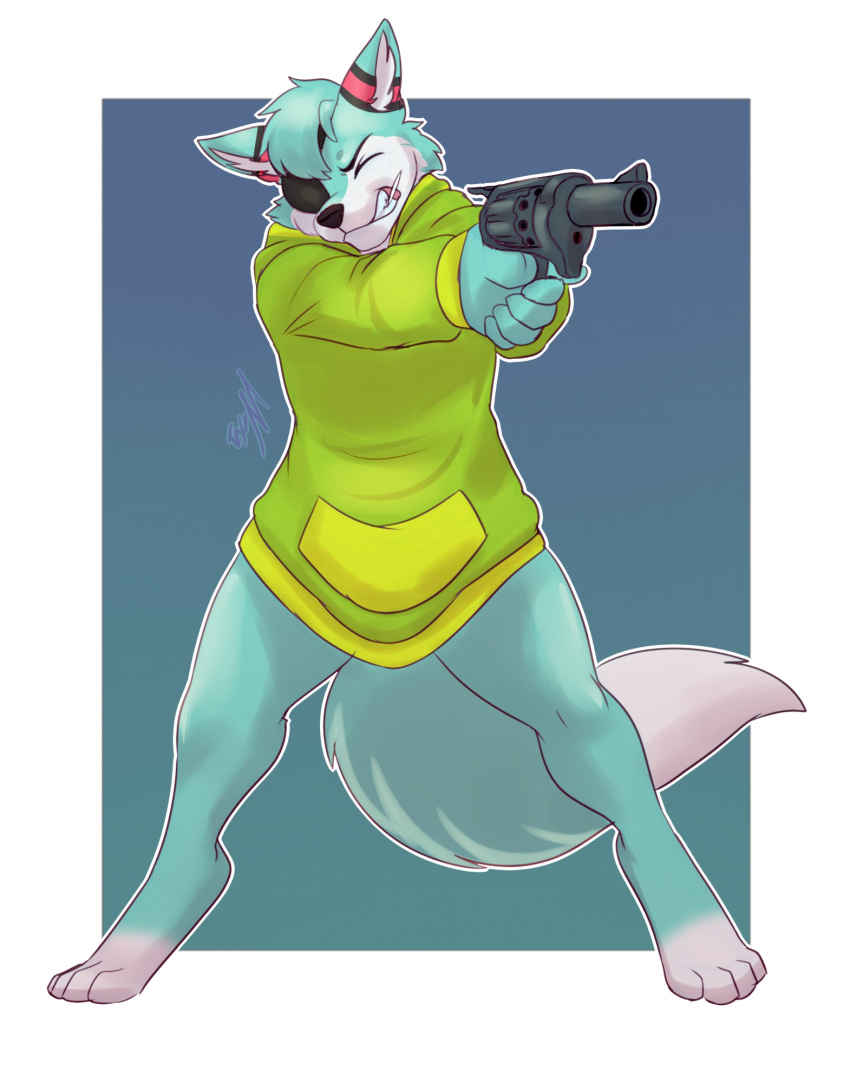 2021 aiming anthro blue_body blue_fur canid canine clothing dipstick_tail eye_patch eyebrows eyes_closed eyewear fish_(nuclear_throne) fox fur fur_markings gun handgun hi_res hoodie lavenderpandy male mammal markings multicolored_tail nuclear_throne parody ranged_weapon revolver roflfox solo toothpick topwear weapon white_body white_fur