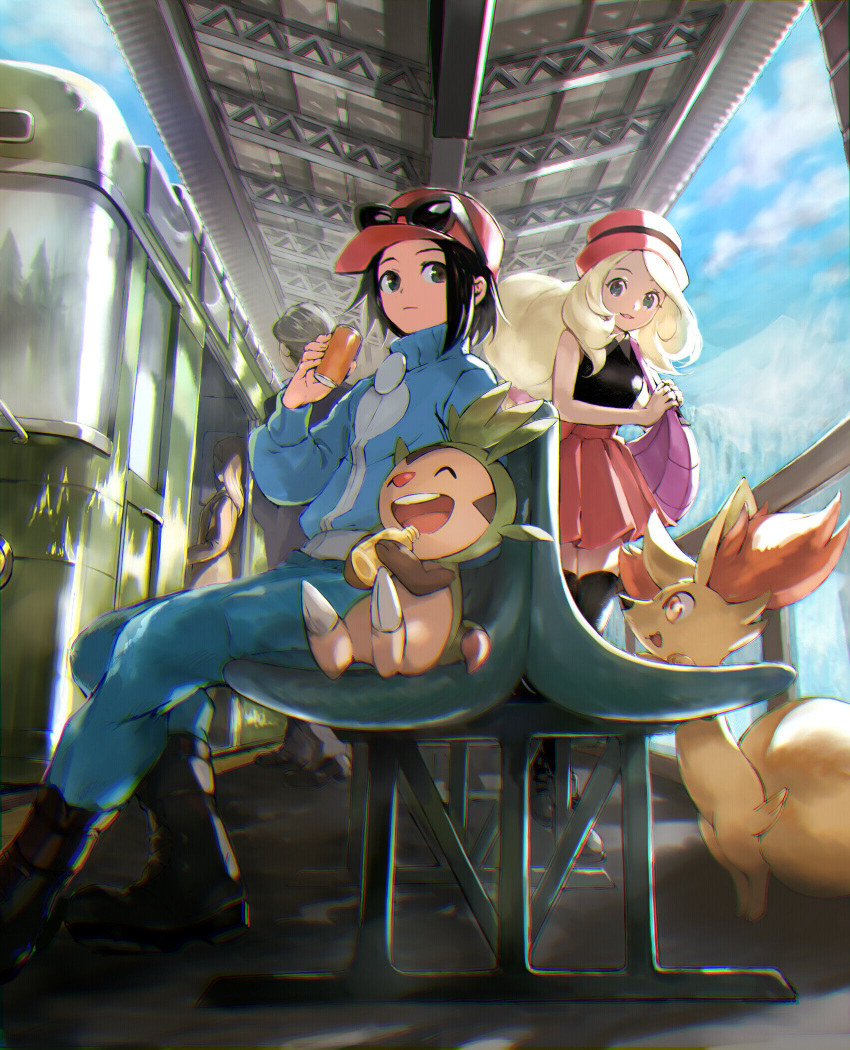 2boys 2girls baseball_cap bench black-framed_eyewear black_footwear black_legwear black_shirt blonde_hair blue_jacket boots calem_(pokemon) can chespin closed_mouth cloud collared_shirt commentary_request day eyewear_on_headwear fence fennekin floating_hair gen_6_pokemon green_pants grey_eyes hand_up hat highres holding holding_can jacket long_sleeves multiple_boys multiple_girls open_mouth orange_mikan outdoors pants pink_headwear pleated_skirt pokemon pokemon_(creature) pokemon_(game) pokemon_xy purple_bag red_headwear red_skirt serena_(pokemon) shirt shoes sitting skirt sky sleeveless sleeveless_shirt smile starter_pokemon sunglasses thighhighs