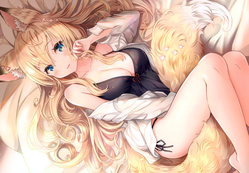 animal_ears aqua_eyes bed blonde_hair breasts cleavage foxgirl long_hair original sakura_ani scan tail