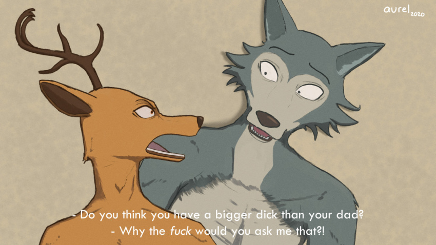 16:9 anthro antlers aureldrawsstuff awkward_moment beastars canid canine canis cervid duo english_text fur horn humor legoshi_(beastars) louis_(beastars) male male/male mammal multicolored_body multicolored_fur naked_torso open_mouth profanity simple_background text two_tone_body two_tone_fur widescreen wolf