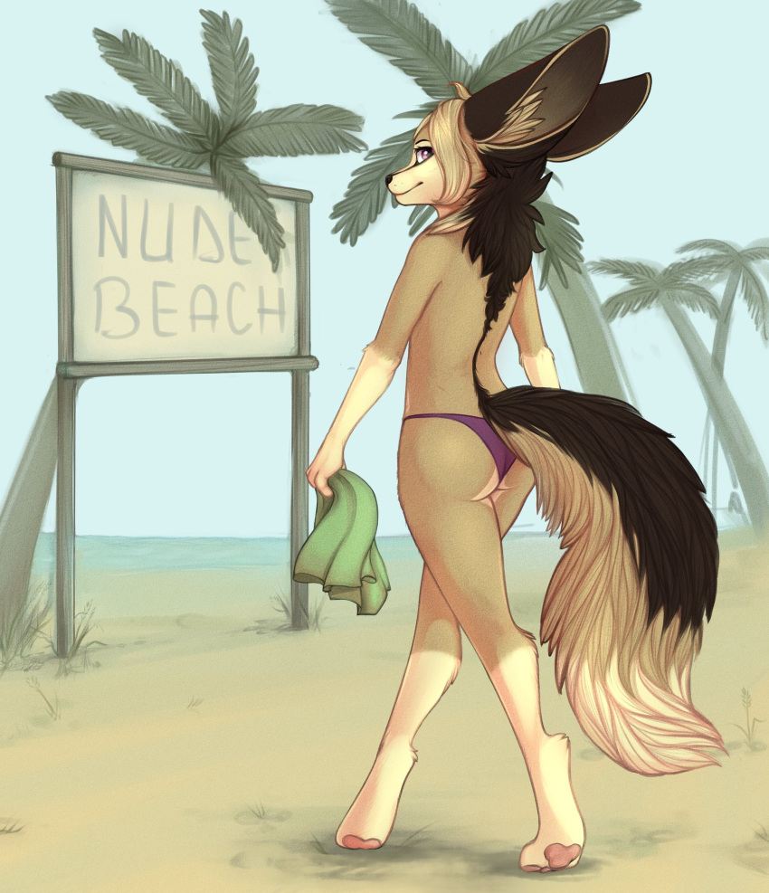 2020 anthro barefoot beach big_ears black_nose blonde_hair butt canid canine clothed clothing day detailed_background english_text female fennec fox gloves_(marking) hair hi_res leg_markings mammal markings osiris_henschel outside palm_tree panties pawpads pink_pawpads plant purple_eyes sand sea seaside sign sky smile socks_(marking) solo text topless tree underwear water yshanii