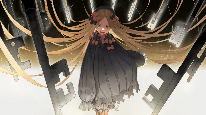 1girl abigail_williams_(fate/grand_order) absurdres bangs black_bow black_dress black_headwear blonde_hair blue_eyes bow breasts dress fate/grand_order fate_(series) forehead hair_bow hat highres key long_hair multiple_bows open_mouth orange_bow parted_bangs polka_dot polka_dot_bow ribbed_dress sleeves_past_fingers sleeves_past_wrists small_breasts ugusu24 very_long_hair white_bloomers