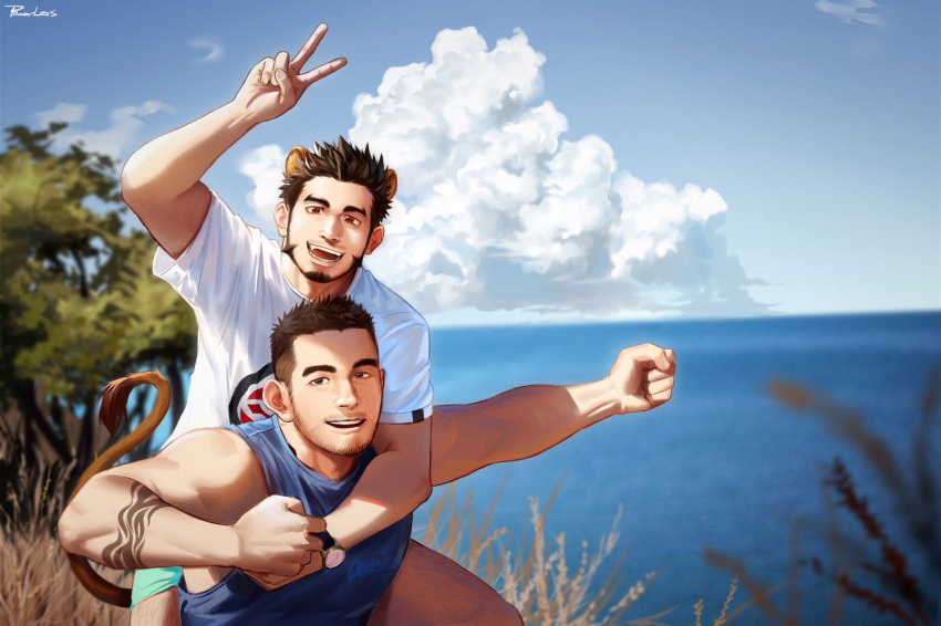 2boys alca animal_ears arm_tattoo bara bare_shoulders beard blue_tank_top carrying commission couple day facial_hair highres lion_boy lion_ears lion_tail looking_at_viewer male_focus multiple_boys muscular muscular_male ocean original outdoors pectorals piggyback powerlesssong red_eyes shirt short_hair smile stubble tail tank_top tattoo thick_eyebrows undercut upper_body v white_shirt