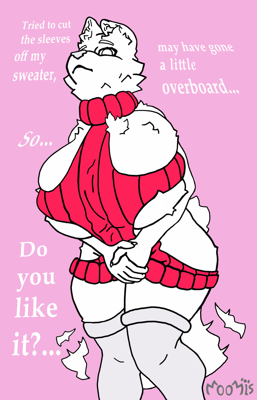 9:14 absurd_res anthro big_breasts breasts canid canine canis clothed clothing cute_expression cute_face digital_media_(artwork) eyebrows female flat_colors fur genitals hair happy hi_res huge_breasts hyper hyper_breasts legwear looking_at_viewer mammal moomis no_underwear overweight overweight_anthro overweight_female red_clothing red_sweater red_topwear shy simple_background smile solo speech_bubble standing stockings sweater tailwag text thick_eyebrows thick_thighs thigh_highs topwear white_body white_fur white_hair wide_hips wolf wolf_tail