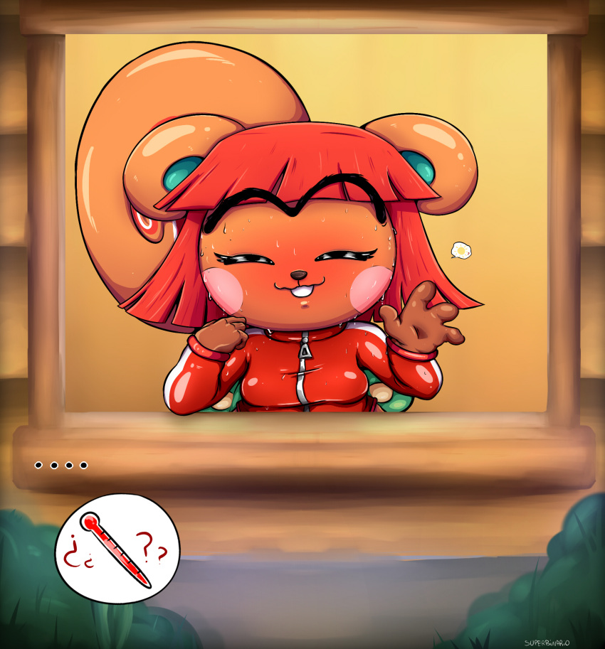 animal_crossing anthro blush bodily_fluids breasts charlise_(animal_crossing) clothing digital_media_(artwork) eyebrows female fingers fur hair hazel_(animal_crossing) hi_res jacket mammal nintendo red_hair rodent sciurid smile superbinario sweat teeth topwear unibrow video_games