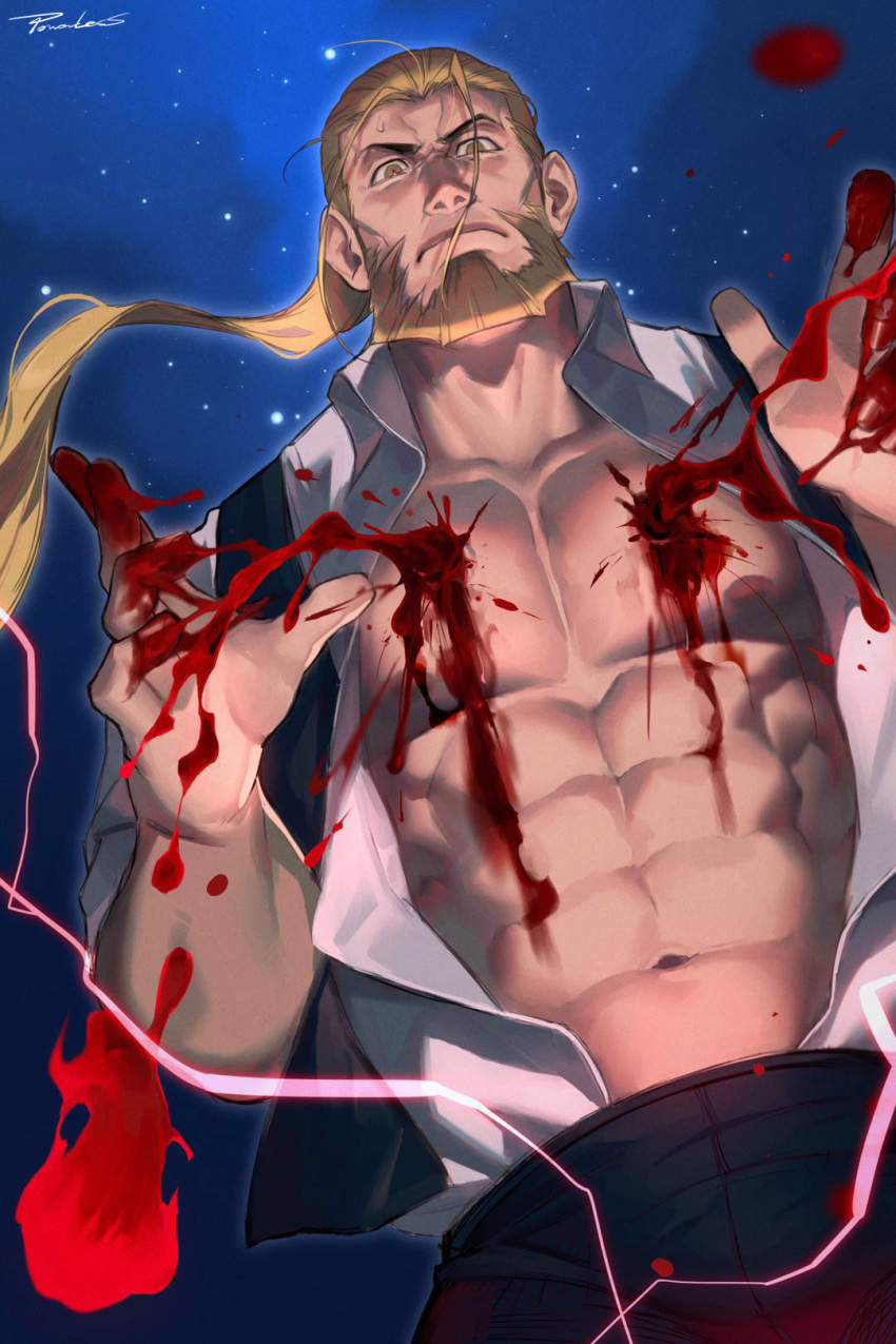 1boy abs bara bare_pecs beard black_pants blonde_hair blood blood_splatter bloody_hands bulge character_request dutch_angle facial_hair fingers foreshortening fullmetal_alchemist guro hair_slicked_back highres long_hair male_focus muscular muscular_male navel night night_sky nipples old old_man open_clothes open_hands open_shirt pants pectorals ponytail powerlesssong shirt sky solo stomach white_shirt wind
