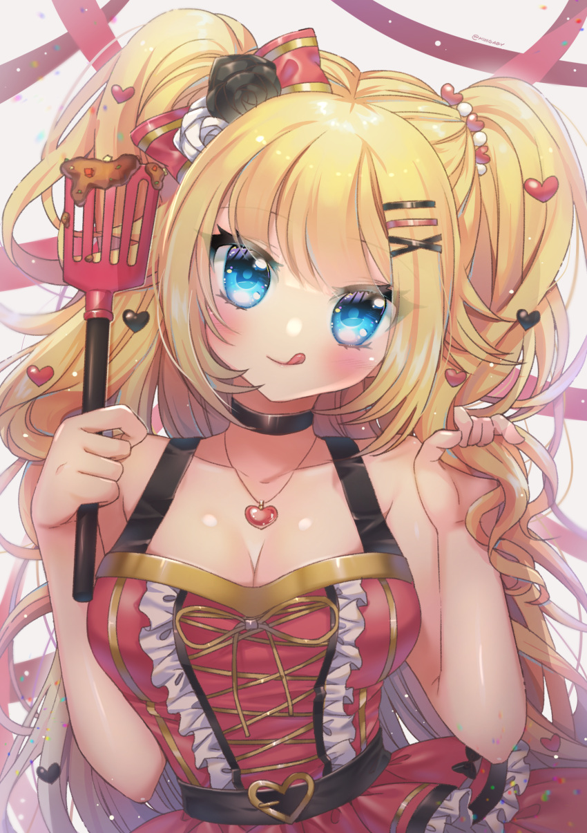 1girl :q absurdres akai_haato aqua_eyes bangs bare_shoulders belt black_choker blonde_hair blush breasts choker cleavage collarbone cross-laced_clothes cross-laced_top eyebrows_behind_hair eyelashes hair_ornament hair_ribbon hair_tousle hairclip hand_in_hair highres holding holding_spatula hololive kimgaby large_breasts long_hair looking_at_viewer parted_hair playing_with_own_hair ribbon skirt skirt_set smile solo spatula tongue tongue_out twitter_username two_side_up upper_body very_long_hair virtual_youtuber w_arms white_background x_hair_ornament