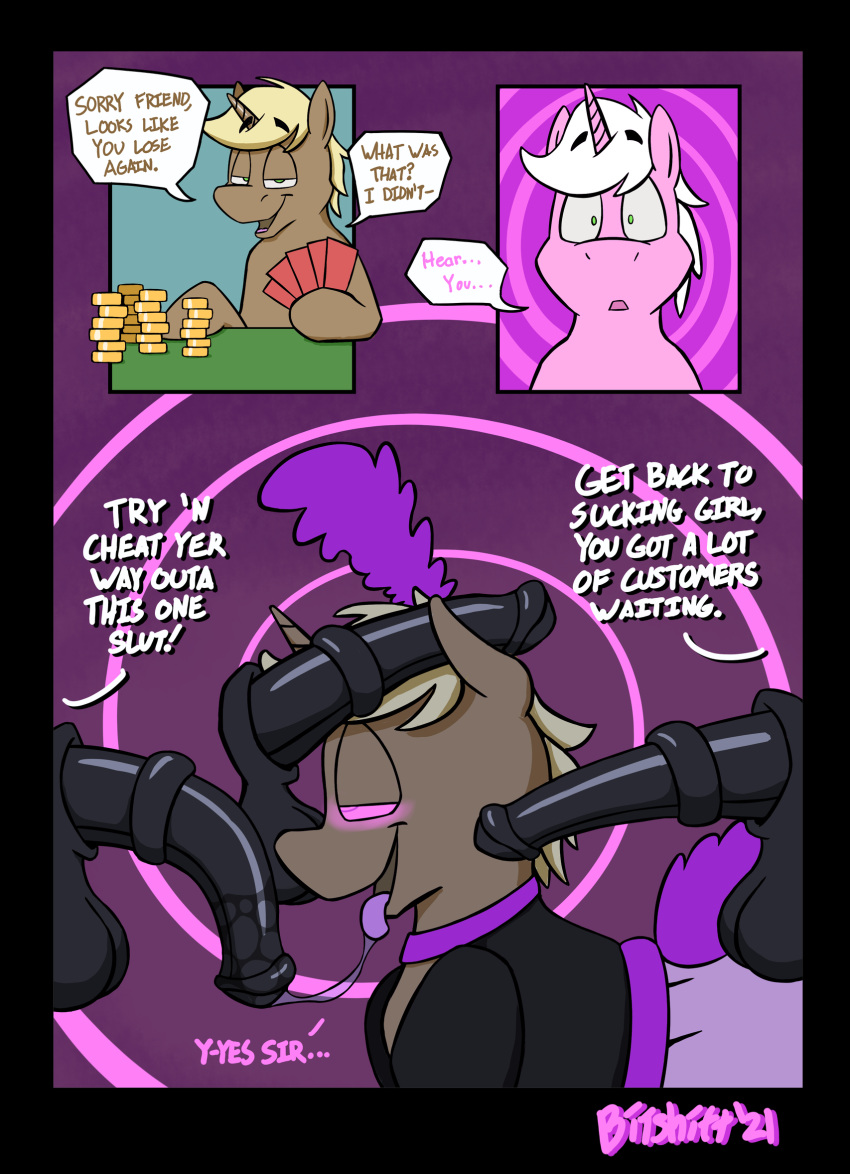 animal_genitalia bad_end bitshift clothed clothing comic crossdressing dialogue equid equine fan_character forced genitals glowing group hasbro hi_res horn hypnosis instant_loss_2koma male male/male mammal mind_control my_little_pony oral penis poker rape sheath story story_in_description unicorn
