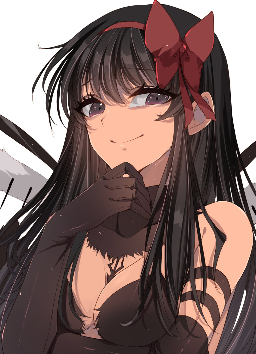 1girl akuma_homura arm_strap bangs black_gloves black_hair bow breasts cleavage closed_mouth elbow_gloves eyebrows_visible_through_hair gloves hair_between_eyes hair_bow hairband highres long_hair looking_at_viewer mahou_shoujo_madoka_magica misteor purple_eyes red_bow red_hairband shiny shiny_hair simple_background small_breasts smile solo upper_body very_long_hair white_background