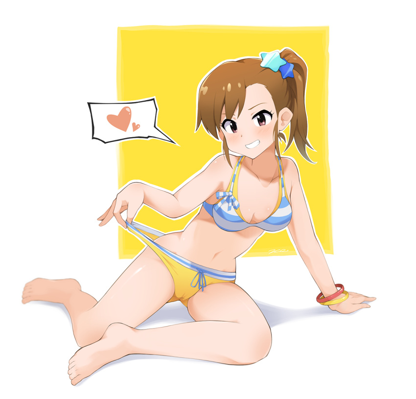 1girl arm_support asymmetrical_bangs bangs barefoot bikini bikini_top blue_ribbon blush bracelet breasts brown_eyes brown_hair cameltoe cleavage collarbone full_body futami_mami grin hair_ornament halterneck idolmaster idolmaster_(classic) jewelry kim_da-yoon long_hair mismatched_bikini navel ribbon shiny shiny_hair side_ponytail sitting small_breasts smile solo speech_bubble star_(symbol) star_hair_ornament striped striped_bikini swimsuit white_background yellow_background yellow_bikini