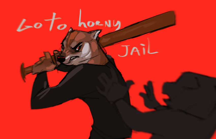 2021 ambiguous_gender anon anthro attack bat_(object) canid canine canis domestic_dog duo english_text go_to_horny_jail hi_res humor male mammal melee_weapon meme red_background shiba_inu simple_background snarling spitz standing text velow weapon