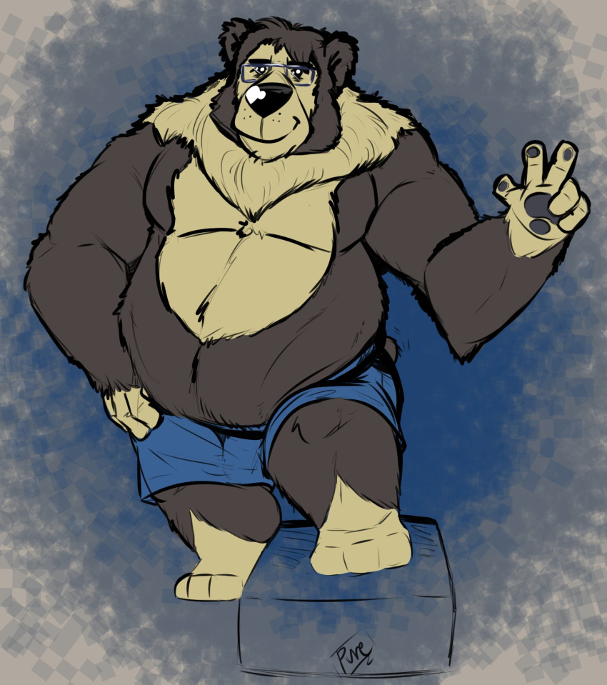 2019 anthro belly black_body black_fur bottomwear clothing eyewear fur glasses hi_res humanoid_hands male mammal moobs overweight overweight_anthro overweight_male pure_command shorts solo tibetan_bear ursid