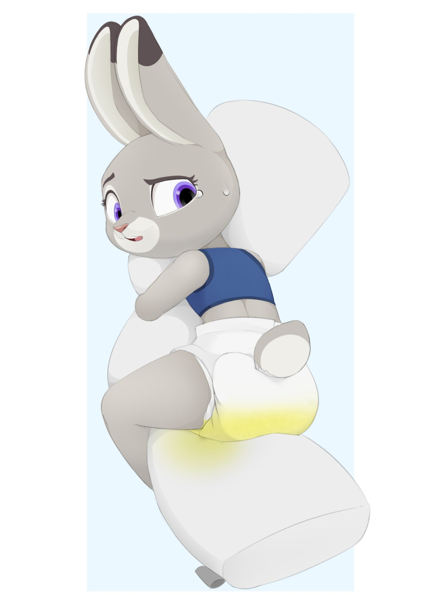 2020 anthro big_ears bodily_fluids bra clothing diaper disney female genital_fluids hi_res hug judy_hopps lagomorph leaking_diaper leporid looking_back mammal nyanyakotarou open_mouth pillow purple_eyes rabbit sitting smile solo underwear urine wet_diaper wetting zootopia