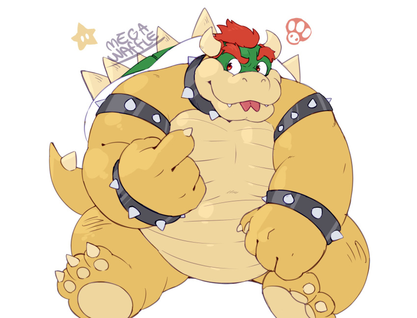 2021 anthro belly bowser hi_res humanoid_hands koopa male mario_bros megawaffle_(artist) nintendo overweight overweight_anthro overweight_male scalie simple_background sitting solo tongue tongue_out video_games white_background