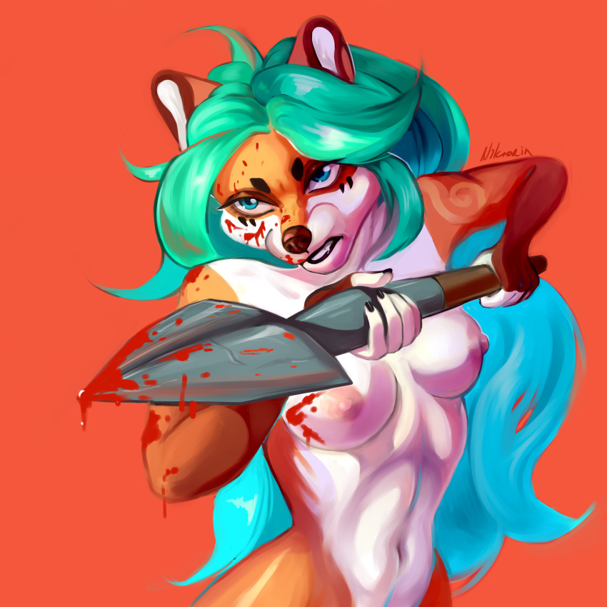1:1 absurd_res angry anthro baring_teeth blood blood_on_arm blood_on_breast blood_on_face blue_eyes blue_hair bodily_fluids breasts canid canine countershade_face countershade_torso countershading digital_media_(artwork) digital_painting_(artwork) female fox fur gradient_hair green_hair hair half-length_portrait hi_res holding_object holding_spear holding_weapon kir'hala mammal melee_weapon navel niktarin nipples nude orange_backgroynd orange_body orange_fur pink_nipples polearm portrait shaded signature solo spear teeth threatening weapon white_body white_countershading white_fur