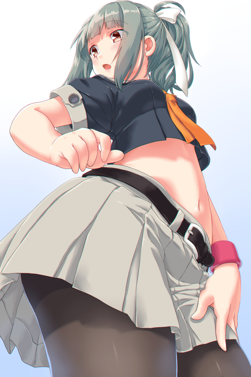 1girl belt blue_background blush breasts brown_eyes cropped_shirt dd_(ijigendd) from_below gradient gradient_background green_hair grey_shirt grey_skirt highres kantai_collection medium_hair midriff open_mouth pantyhose pleated_skirt ponytail remodel_(kantai_collection) shirt short_sleeves skirt small_breasts solo wristband yuubari_(kantai_collection)