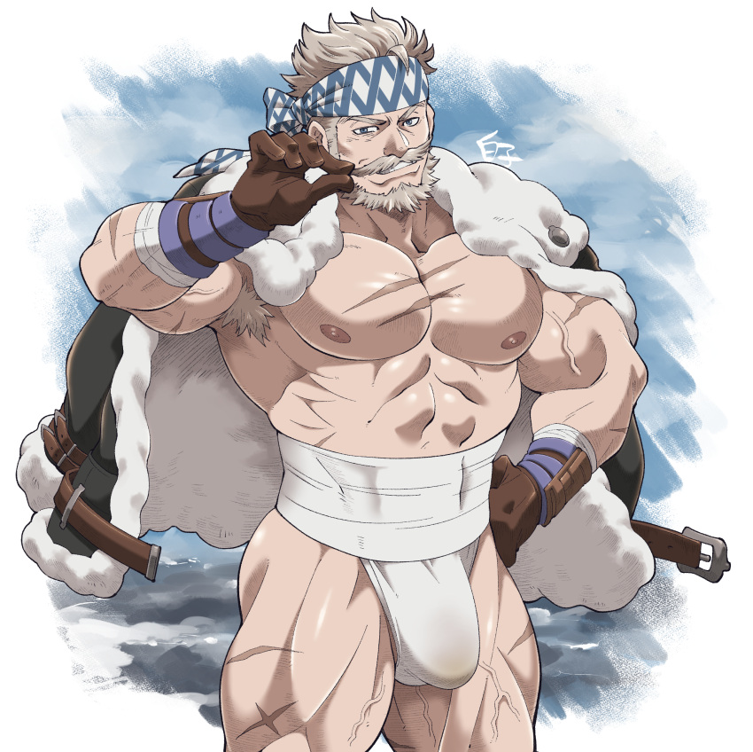 1boy abs armpit_hair ass bara bare_pecs beard brown_gloves bulge cowboy_shot dirty dirty_clothes facial_hair gloves granblue_fantasy grey_hair headband highres jacket jacket_on_shoulders kirupi loincloth male_focus manly muscular muscular_male mustache nipples old old_man pectorals short_hair solo soriz stomach stroking_beard thick_thighs thighs veins