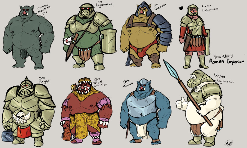 2019 anthro armor balls belly blue_body bottomwear bulge clothing domestic_pig english_text flaccid genitals green_body group headgear helmet hi_res human humanoid humanoid_genitalia humanoid_hands humanoid_penis hybrid loincloth male mammal moobs nipples orc orc_humanoid overweight overweight_male penis polar_bear pure_command red_body simple_background suid suina sus_(pig) text ursid ursine weapon white_body