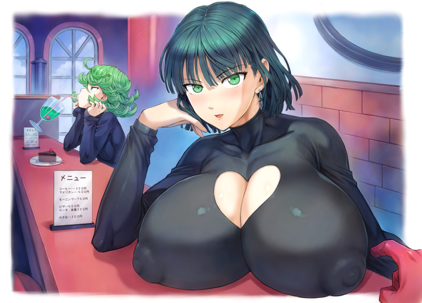 1boy 2girls bendy_straw black_dress blush breasts cleavage cleavage_cutout clothing_cutout covered_nipples curly_hair dress drink drinking_straw flipped_hair fubuki_(one-punch_man) gloves green_dress green_eyes green_hair heart_cutout highres huge_breasts impossible_clothes impossible_dress indoors mogudan multiple_girls one-punch_man pov puffy_nipples red_gloves saitama_(one-punch_man) shiny shiny_hair shiny_skin short_hair sitting tatsumaki