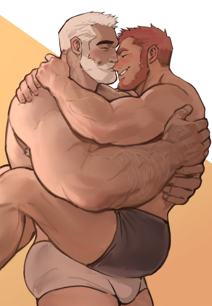 2boys age_difference arm_hair ass bara beard black_male_underwear blush bulge carrying couple face-to-face facial_hair from_side highres hug jang_ju_hyeon kiss legs_apart male_focus multiple_boys muscular muscular_male nose_kiss orange_hair original short_hair thighs underwear underwear_only veins white_hair white_male_underwear yaoi