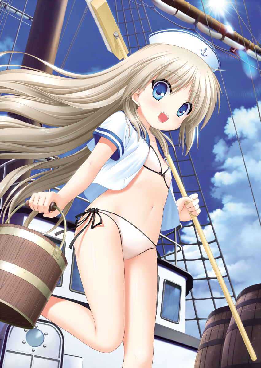 1girl :d bangs bikini black_ribbon blue_eyes blue_sailor_collar blue_sky cloud day eyebrows_visible_through_hair flat_chest floating_hair hair_between_eyes hat highres holding kud_wafter leg_up little_busters! long_hair na-ga noumi_kudryavka open_clothes open_mouth open_shirt outdoors ribbon running sailor_collar sailor_shirt shirt short_sleeves side-tie_bikini silver_hair sky smile solo straight_hair sun sunlight swimsuit very_long_hair white_bikini white_headwear white_shirt