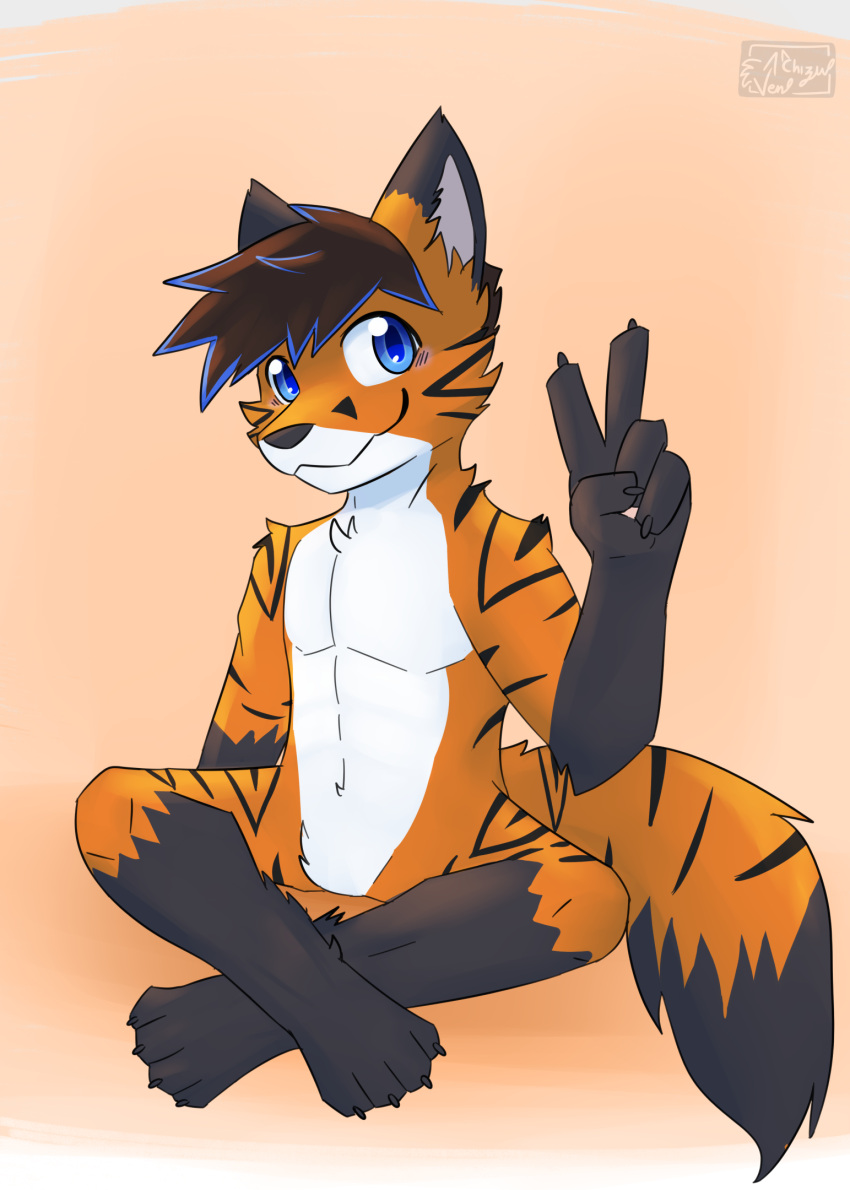 2021 5_fingers anthro belly biped black_stripes blue_eyes blue_highlights blush blush_lines brown_hair canid canine casual_nudity claws crossed_legs facial_markings felid fingers fox fox_tail fur fur_markings gesture glistening glistening_eyes gloves_(marking) grey_body grey_claws grey_ears grey_fur grey_hands grey_markings grey_nose grey_paws grey_tail hair head_markings head_tilt hi_res highlights_(coloring) humanoid_hands hybrid leg_markings looking_at_viewer lotus_pose male mammal markings multicolored_body multicolored_fur multicolored_hair multicolored_tail nico_onegen nude orange_background orange_body orange_fur orange_tail pantherine pawpads peace_signs pink_pawpads plantigrade shaded signature simple_background simple_shading sitting sitting_on_ground slim smile snout snout_markings socks_(marking) soft_shading solo spiked_hair striped_arms striped_body striped_face striped_legs striped_tail stripes tail_markings textured_background tiger v_sign vennightsky vensicle white_belly white_body white_fur