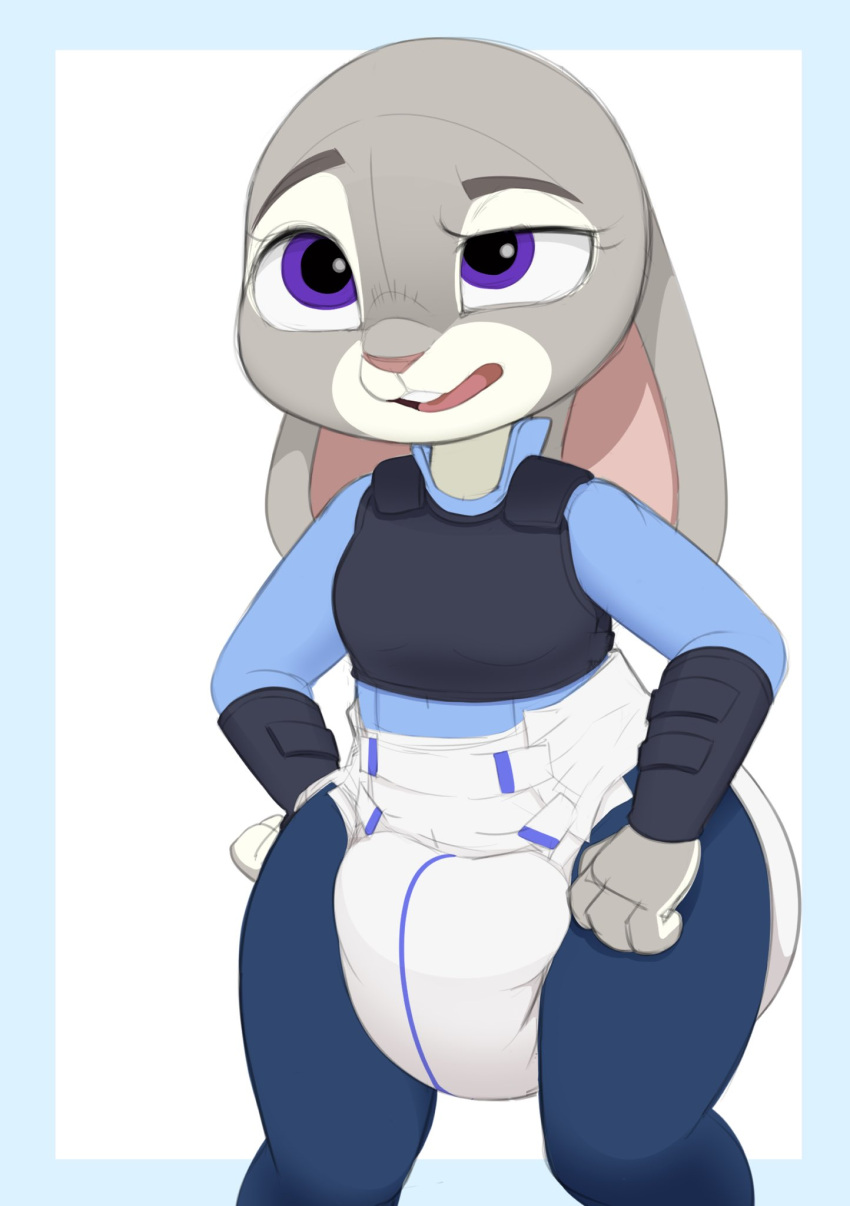 2021 4_fingers anthro buckteeth clothing diaper disney female fingers fur grey_body grey_fur hi_res judy_hopps lagomorph leporid mammal nyanyakotarou police_uniform purple_eyes rabbit simple_background solo standing teeth uniform zootopia