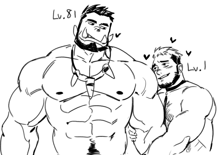 2boys abs arm_grab bara beard blush chest_hair completely_nude couple facial_hair fangs gameplay_mechanics head_tilt interspecies jang_ju_hyeon level_difference level_up male_focus monster_boy multiple_boys muscular muscular_male navel navel_hair nipples nude orc original pectorals pointy_ears short_hair size_difference sketch tooth_necklace yaoi