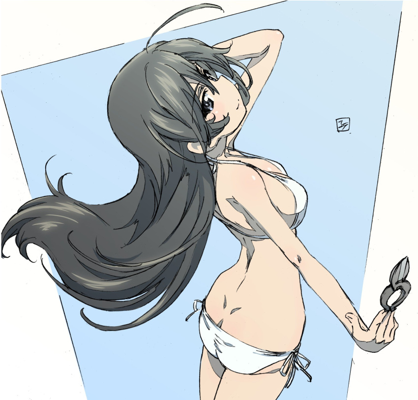 1girl ahoge arched_back artist_name ass back bad_id bad_twitter_id bangs bikini black_eyes black_hair butt_crack closed_mouth commentary cowboy_shot erakin from_side girls_und_panzer hand_in_hair highres holding holding_scissors isuzu_hana long_hair looking_at_viewer medium_hair scissors signature sketch smile solo standing swimsuit traditional_media white_bikini