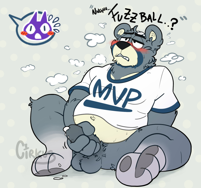 2020 animal_crossing anthro balls belly belly_fur blush bodily_fluids chubby_male cirkus clenched_teeth clothed clothing confused_look confusion cum cum_drip cum_on_penis curt_(animal_crossing) dripping embarrassed english_text fur genital_fluids genitals grey_body grey_fur grey_penis half_lidded_eyes hi_res hindpaw interrupted looking_at_another male mammal masturbation multicolored_body multicolored_fur musclegut nintendo overweight overweight_anthro overweight_male partially_clothed paws penile penile_masturbation penis precum presenting presenting_penis round_ears shirt sitting sitting_position slightly_chubby solo solo_focus sweat teeth text topwear ursid video_games walked_in_on