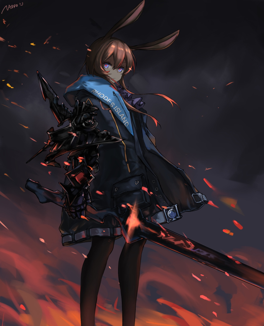 1girl amiya_(arknights) animal_ears arknights artist_name bangs black_jacket black_legwear blue_eyes brown_hair bunny_ears commentary_request cowboy_shot expressionless eyebrows_visible_through_hair hair_between_eyes highres holding holding_sword holding_weapon jacket long_sleeves looking_at_viewer omuretu_(butterroru) open_clothes open_jacket pantyhose red_pupils shirt sidelocks solo sword weapon