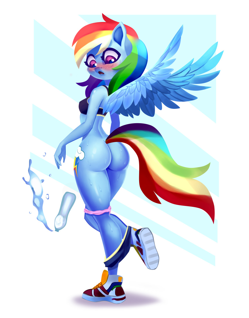 absurd_res anthro anthrofied blue_body blue_mey blush bodily_fluids bottle bottomwear bra breasts butt clothing cutie_mark digital_media_(artwork) equid equine feathers female footwear friendship_is_magic gym_bottomwear gym_clothing gym_shorts hair hasbro hi_res horse looking_back mammal mostly_nude multicolored_hair my_little_pony panties panties_down pegasus pony rainbow_dash_(mlp) rainbow_hair rear_view red_eyes shocked shoes shorts sneakers solo sports_bra spread_wings sweat sweaty_butt underwear underwear_down wardrobe_malfunction water wings