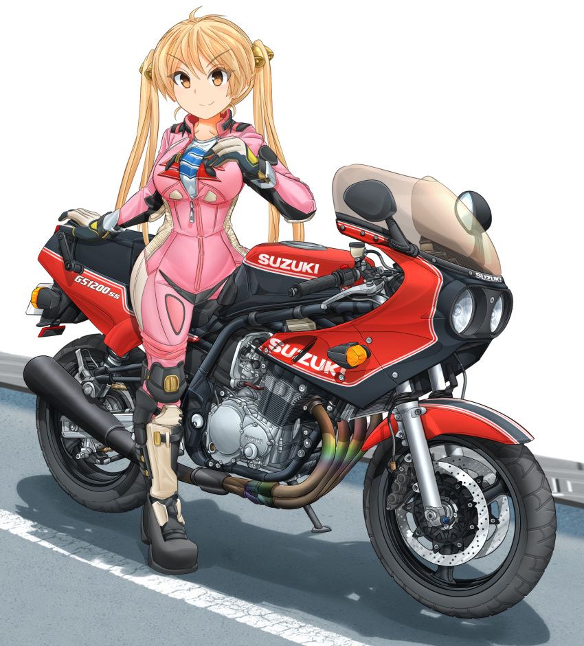 1girl bakuon!! bell biker_clothes bikesuit blonde_hair bodysuit boots brown_eyes closed_mouth commentary_request elbow_pads eyebrows_visible_through_hair gloves ground_vehicle hair_bell hair_ornament highres knee_pads logo long_hair looking_at_viewer mikeran_(mikelan) motor_vehicle motorcycle on_motorcycle partial_commentary partially_unzipped pink_bodysuit print_shirt shadow shirt simple_background smile suzuki_(company) suzuki_gs1200ss suzunoki_rin twintails v-shaped_eyebrows white_background white_footwear white_gloves white_shirt