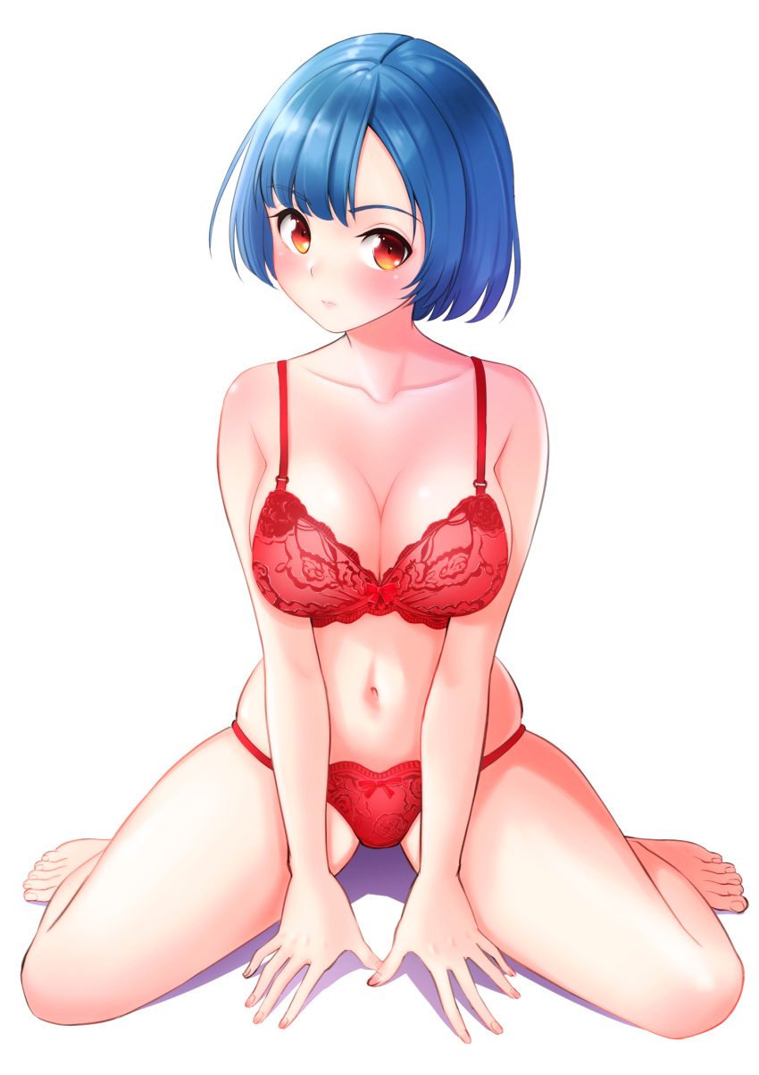 1girl bangs bare_legs barefoot blue_hair blush bow bow_bra bow_panties bra breasts cleavage collarbone crotch expressionless eyebrows_visible_through_hair flower highres lingerie looking_at_viewer medium_breasts navel original panties red_bow red_bra red_eyes red_panties shiny shiny_hair shiny_skin short_hair simple_background sitting solo spread_legs thighs underwear underwear_only wariza white_background yuckey