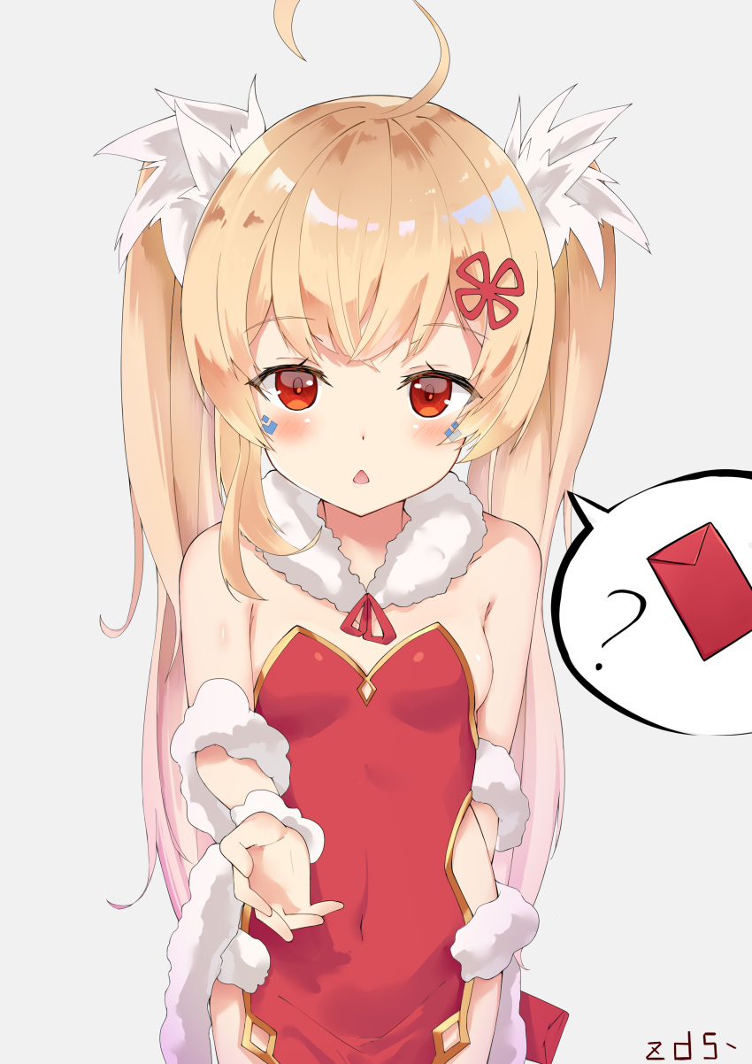 1girl ? absurdres ahoge alternate_costume azur_lane bangs bare_shoulders blonde_hair bow breasts china_dress chinese_clothes covered_navel dress eldridge_(azur_lane) envelope eyebrows_visible_through_hair facial_mark fur_trim grey_background hair_bow hair_ornament highres long_hair looking_at_viewer parted_lips pelvic_curtain red_dress sakutaishi seiza side_slit simple_background sitting sleeveless sleeveless_dress small_breasts solo twintails very_long_hair