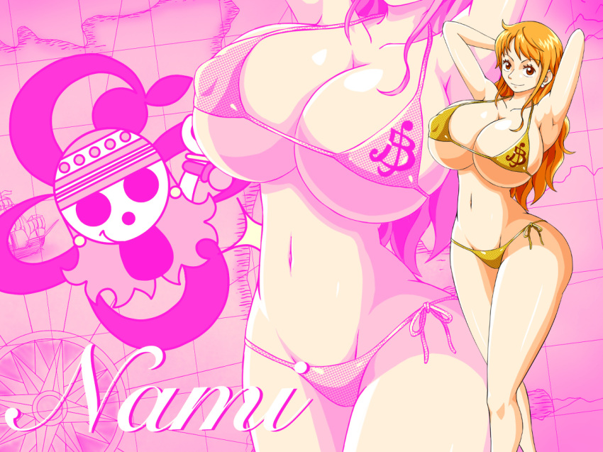 1girl armpits ass bare_arms bare_shoulders barefoot bikini breasts brown_eyes cleavage curvy feet hip_focus huge_breasts large_breasts long_hair nami_(one_piece) navel one_piece orange_hair smile stomach swimsuit thick_thighs thighs wide_hips