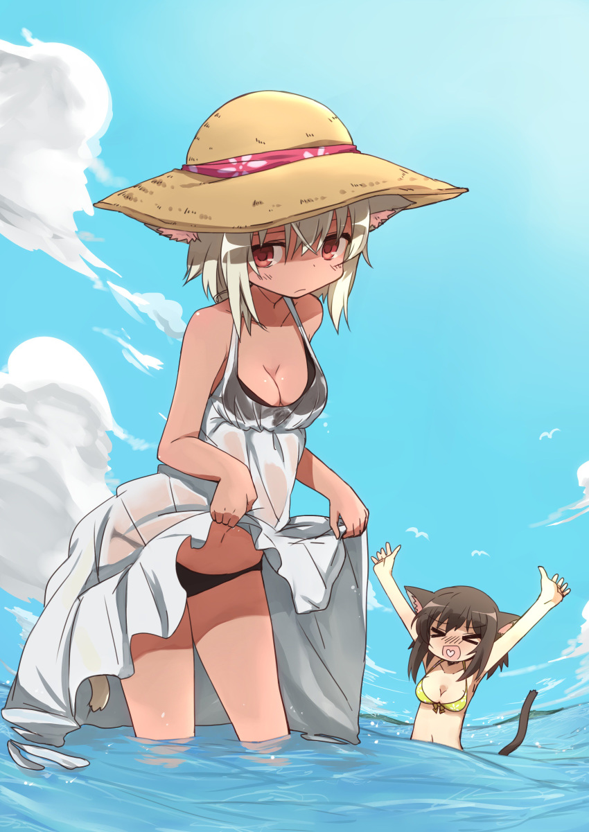 &gt;_&lt; 2girls :d absurdres alternate_color animal_ears arms_up bikini bird black_bikini blue_sky blush bow_bikini breasts brown_hair brown_hat cat_ears cat_tail cleavage closed_mouth cloud cloudy_sky commentary day dorothy_(tadashi1013) dress dress_lift dutch_angle eyebrows_visible_through_hair frown hat hat_ribbon heart-shaped_mouth highres leaning_forward lifted_by_self medium_breasts medium_dress medium_hair multiple_girls navel ocean open_mouth original outdoors pan_koujou partially_submerged pink_ribbon player_2 red_eyes ribbon seagull see-through sky smile straw_hat sun_hat sundress swimsuit tail tan thighs wading wet wet_clothes wet_dress white_dress white_hair yellow_bikini