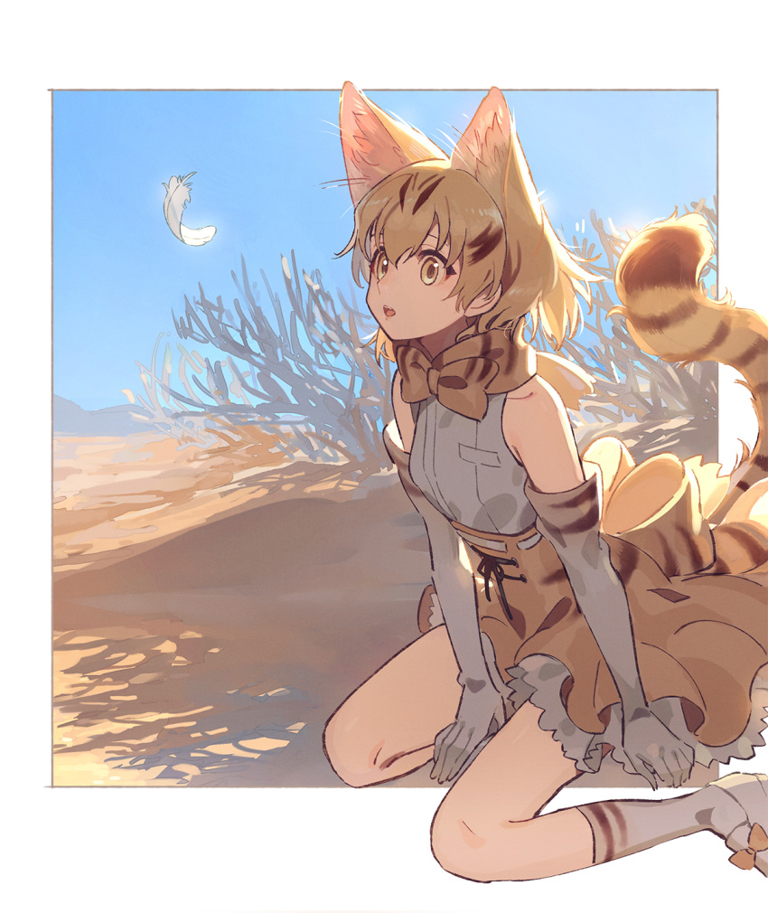 1girl :o animal_ear_fluff animal_ears animal_print arm_support backlighting bangs bare_shoulders between_legs blonde_hair blue_sky border bow breast_pocket cat_ears cat_girl cat_tail collarbone day desert elbow_gloves extra_ears feathers frills from_side gloves hair_between_eyes hand_between_legs high-waist_skirt highres kemono_friends kneehighs large_bow looking_away namihaya open_mouth outdoors outside_border petticoat pleated_skirt pocket print_bow print_gloves print_legwear print_neckwear print_skirt sand sand_cat_(kemono_friends) shade shirt shoe_bow shoes short_hair sitting skirt sky sleeveless sleeveless_shirt solo striped_tail sunlight tail tail_raised tareme upper_teeth wariza white_border white_footwear white_shirt yellow_bow yellow_eyes