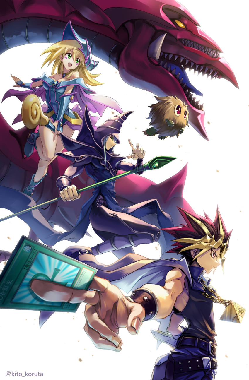 1girl 2boys absurdres belt black_hair black_shirt blonde_hair blue_footwear blush_stickers card dark_magician dark_magician_girl domino_high_school_uniform dragon duel_monster green_eyes hat highres kito_koruta kuriboh long_hair millennium_puzzle monster monster_reborn multicolored_hair multiple_boys mutou_yuugi osiris_the_sky_dragon pentacle red_eyes red_hair school_uniform shirt sleeveless sleeveless_shirt spiked_hair staff wand wizard_hat yami_yuugi yu-gi-oh! yu-gi-oh!_duel_monsters