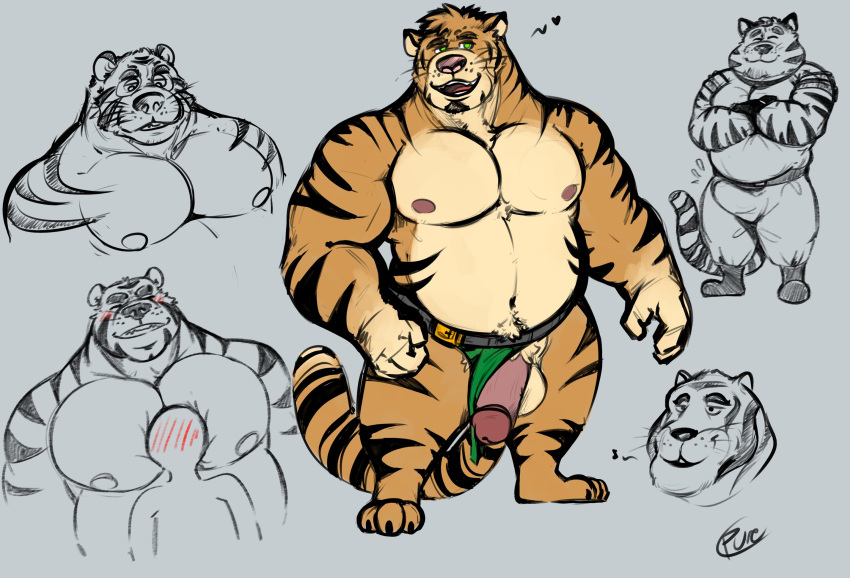 &lt;3 2021 anthro balls blush bottomwear bulge clothing duo felid genitals hi_res loincloth male mammal moobs musclegut nipples pantherine pants penis pure_command simple_background sketch tiger